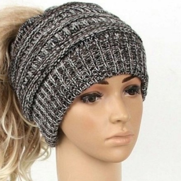 Youth Black Variegated Knit Ponytail Beanie - Picture 2 of 2